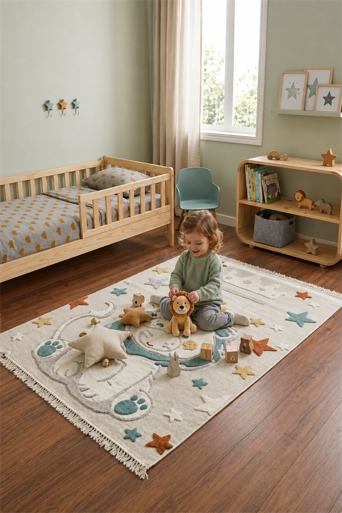 LİNA Serisi Taçlı Aslan Figürlü Yıldız Desenli Kaymaz Çocuk Halısı |EN133