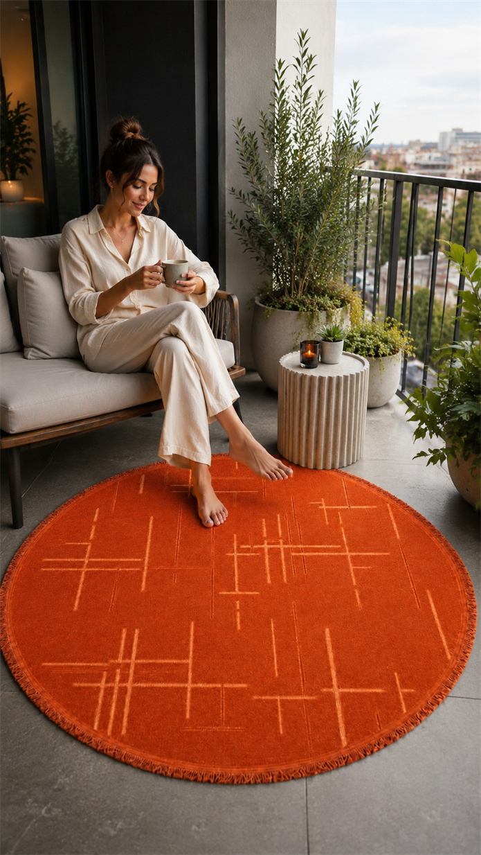 Lotus Bambu Model Altı Kaymaz Yuvarlak Makine Dokuma Halı Kiremit