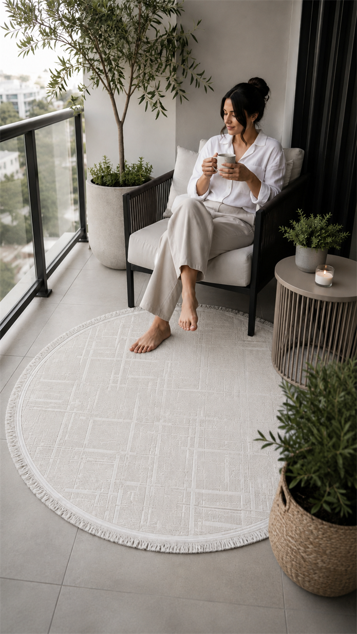 Lotus Bambu Model Altı Kaymaz Yuvarlak Makine Dokuma Halı Beyaz