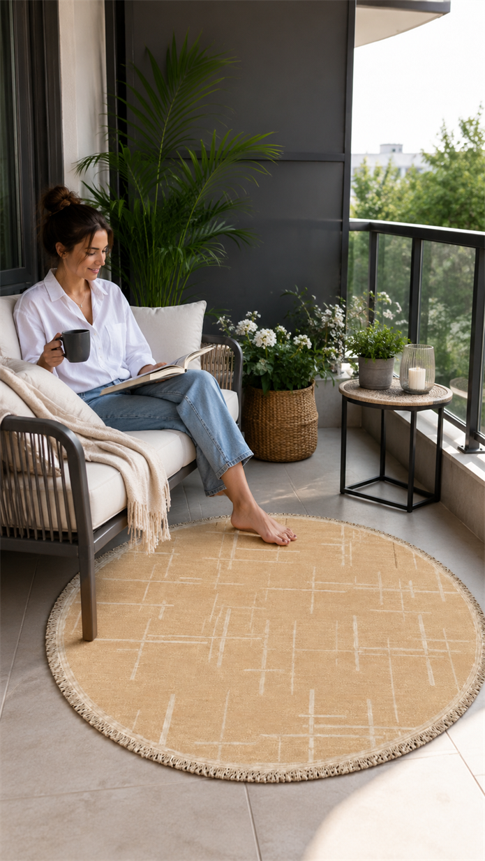 Lotus Bambu Model Altı Kaymaz Yuvarlak Makine Dokuma Halı Krem