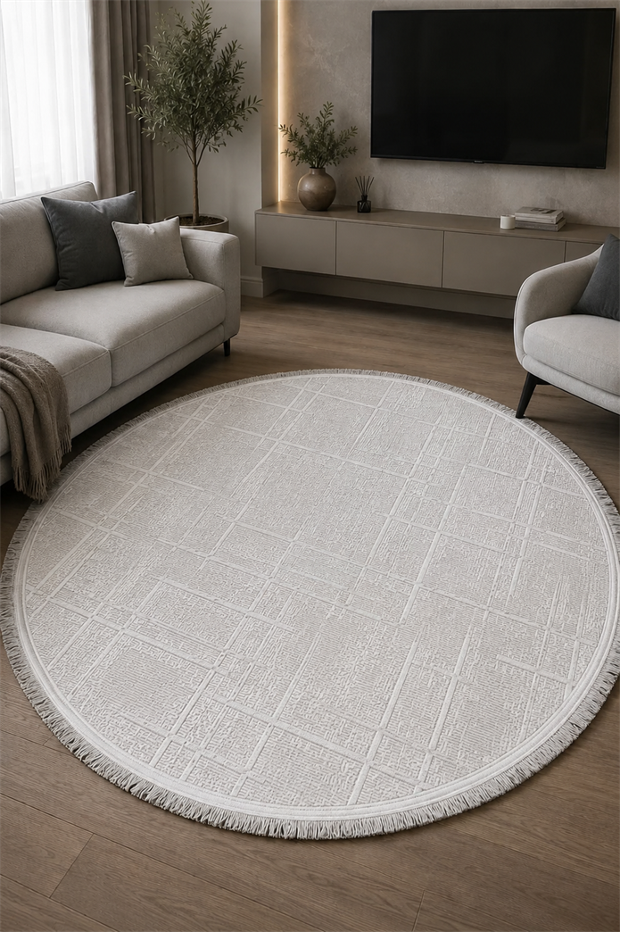 Lotus Bambu Model Altı Kaymaz Yuvarlak Makine Dokuma Halı Beyaz