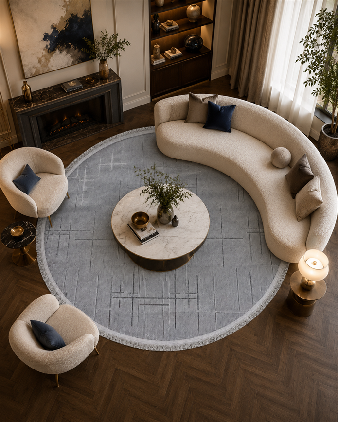 Lotus Bambu Model Altı Kaymaz Yuvarlak Makine Dokuma Halı Gri
