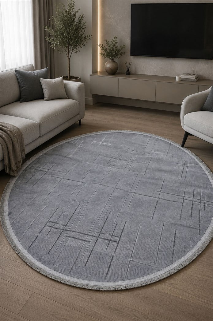 Lotus Bambu Model Altı Kaymaz Yuvarlak Makine Dokuma Halı Gri