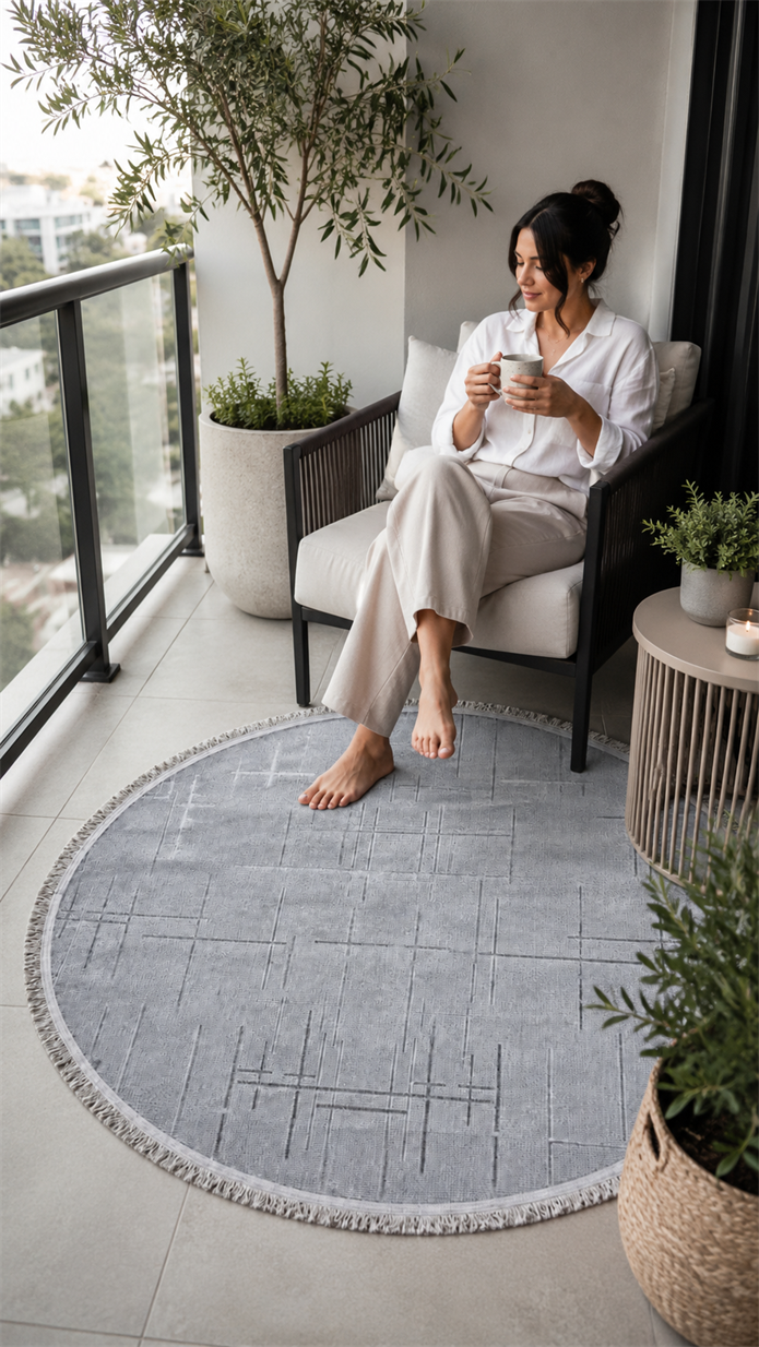 Lotus Bambu Model Altı Kaymaz Yuvarlak Makine Dokuma Halı Gri