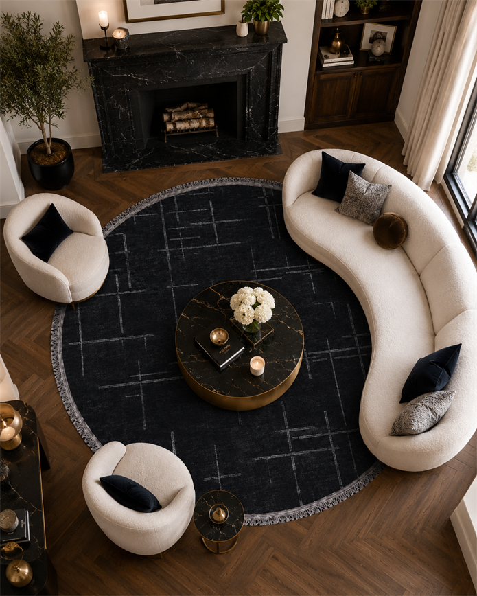 Lotus Bambu Model Altı Kaymaz Yuvarlak Makine Dokuma Halı Antrasitt