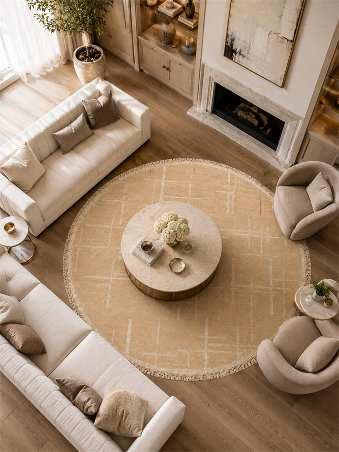 Lotus Bambu Model Altı Kaymaz Yuvarlak Makine Dokuma Halı Krem