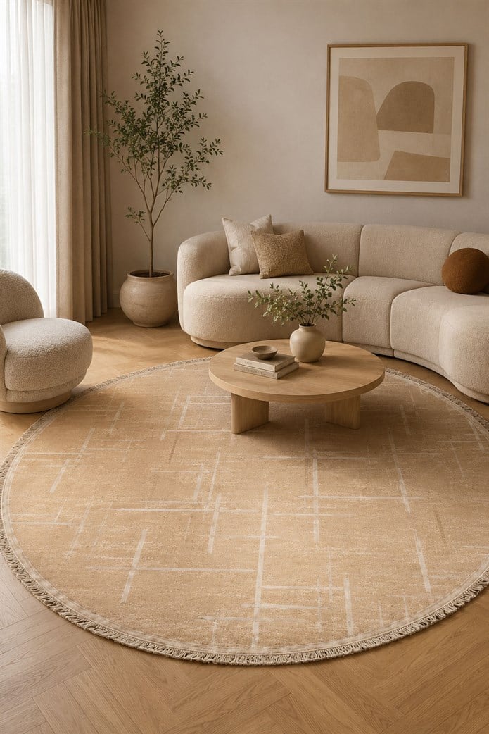 Lotus Bambu Model Altı Kaymaz Yuvarlak Makine Dokuma Halı Krem