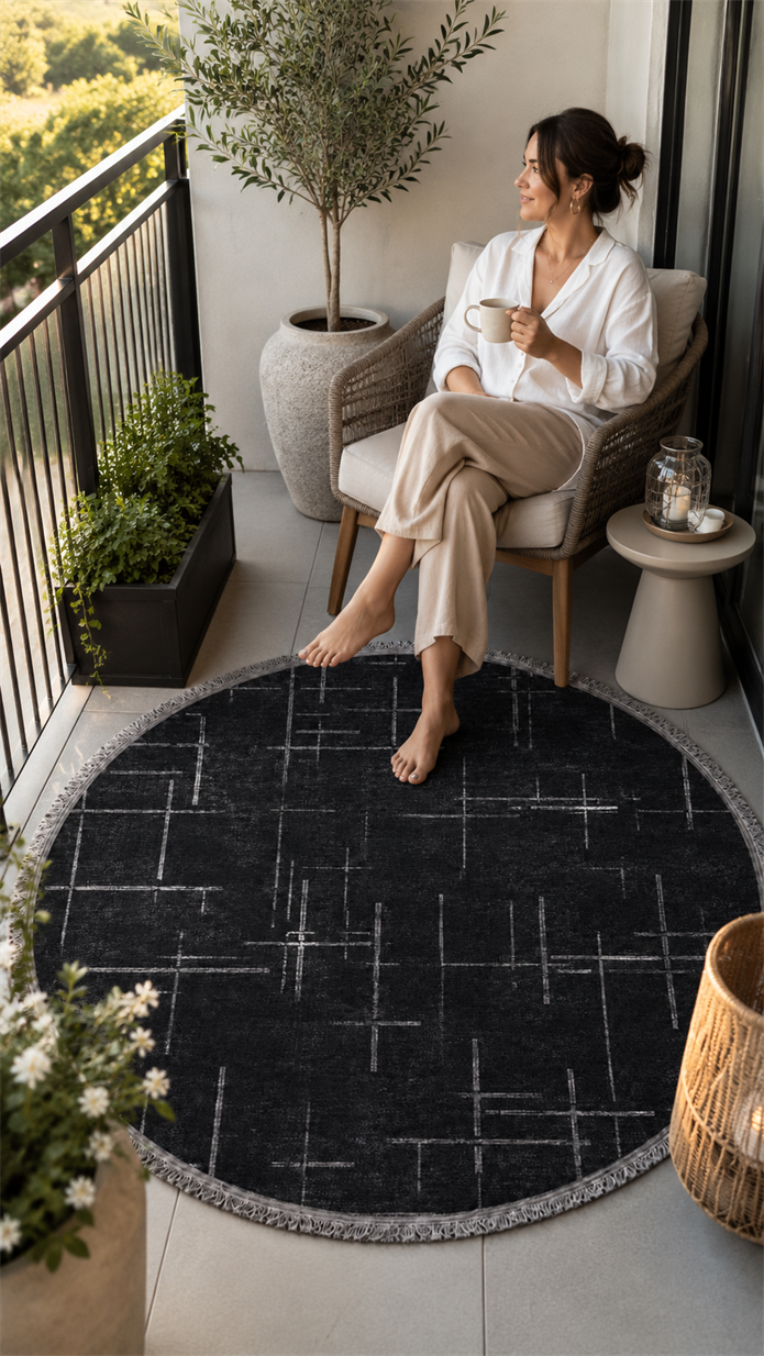 Lotus Bambu Model Altı Kaymaz Yuvarlak Makine Dokuma Halı Antrasitt