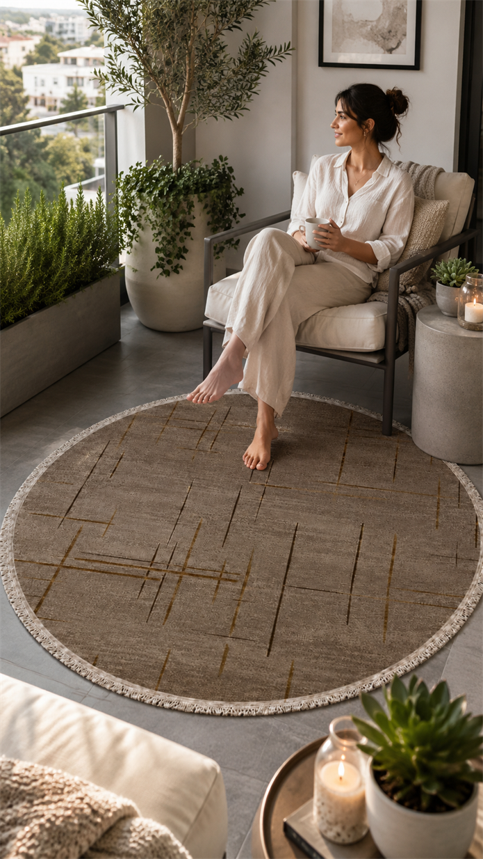 Lotus Bambu Model Altı Kaymaz Yuvarlak Makine Dokuma Halı Vizon