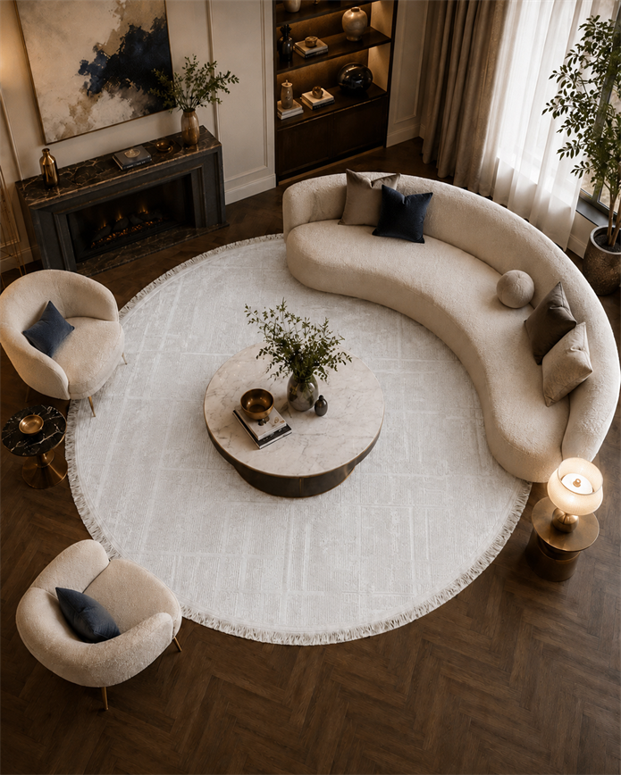 Lotus Bambu Model Altı Kaymaz Yuvarlak Makine Dokuma Halı Beyaz