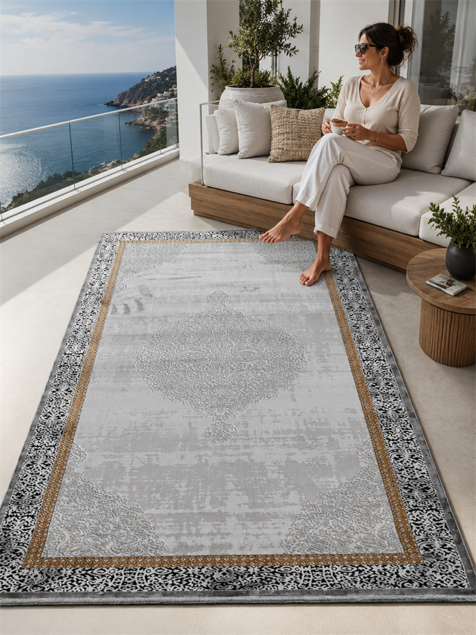 Madalyon Seri Gold Çerçeveli Motif İşlemeli Altı Kaymaz Makine Dokuma Halı | 17200