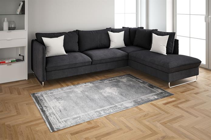 Madalyon Seri Gri Çerçeveli Motif İşlemeli Altı Kaymaz Makine Dokuma Halı | 17199