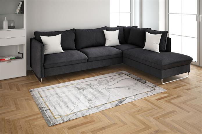 Madalyon Seri Mermer Desenli Çerçeveli Altı Kaymaz Makine Dokuma Halı | 17202