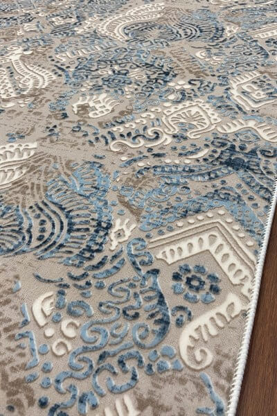 Mavi Renkli Altı Kaymaz Yıkanabilir Desenli Halı