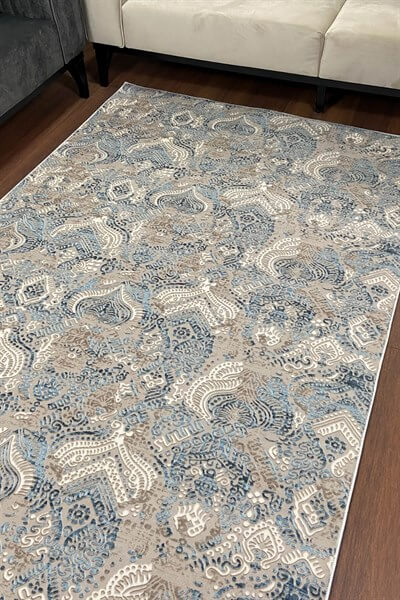 Mavi Renkli Altı Kaymaz Yıkanabilir Desenli Halı