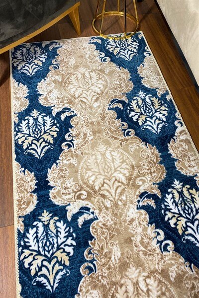 Mavi Renkli Kaymaz Taban Yıkanabilir Halı