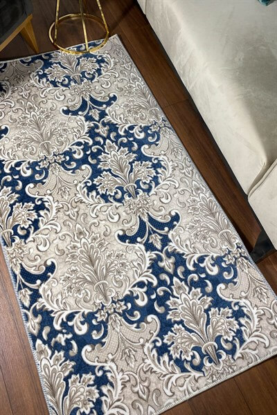 Mavi Renkli Kaymaz Taban Yıkanabilir  Halı