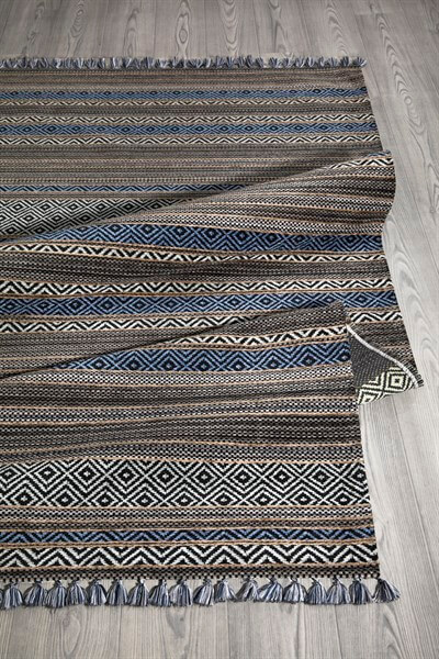 Mavi Renkli Kaymaz Tabanlı Yıkanabilir Makine Dokuma Kilim