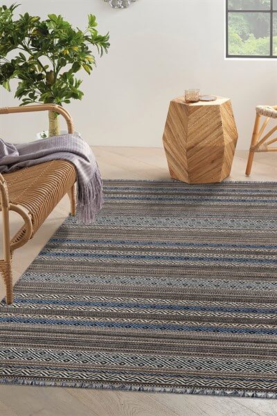 Mavi Renkli Kaymaz Tabanlı Yıkanabilir Makine Dokuma Kilim