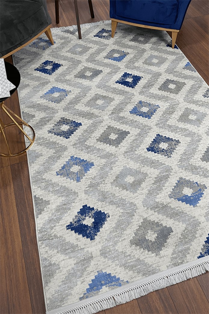 Mavi Krem Altı Kaymaz Dokuma Taban Yıkanabilir Dekoratif Halı - 7066