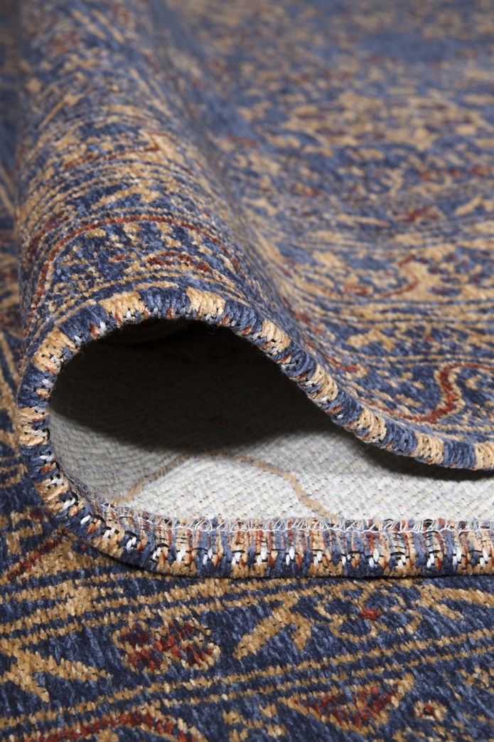 Mavi Renkli Afgan Tarzı Altı Kaymaz Yıkanabilir Şönil Kilim