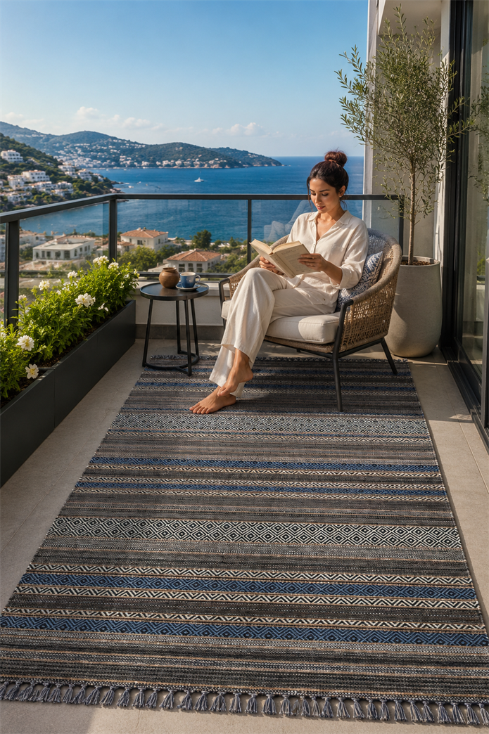 Mavi Renkli Kaymaz Tabanlı Yıkanabilir Makine Dokuma Kilim