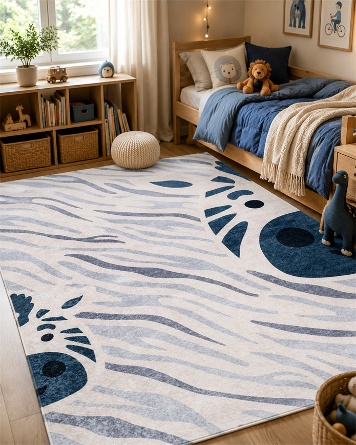 Mavi Zebra Desenli Çocuk Odası Halısı-4001