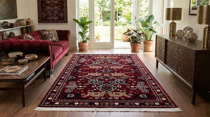 NAKIŞ Serisi Kırmızı Zeminli Etnik Motifli Şık Salon Halısı | AF314 RED