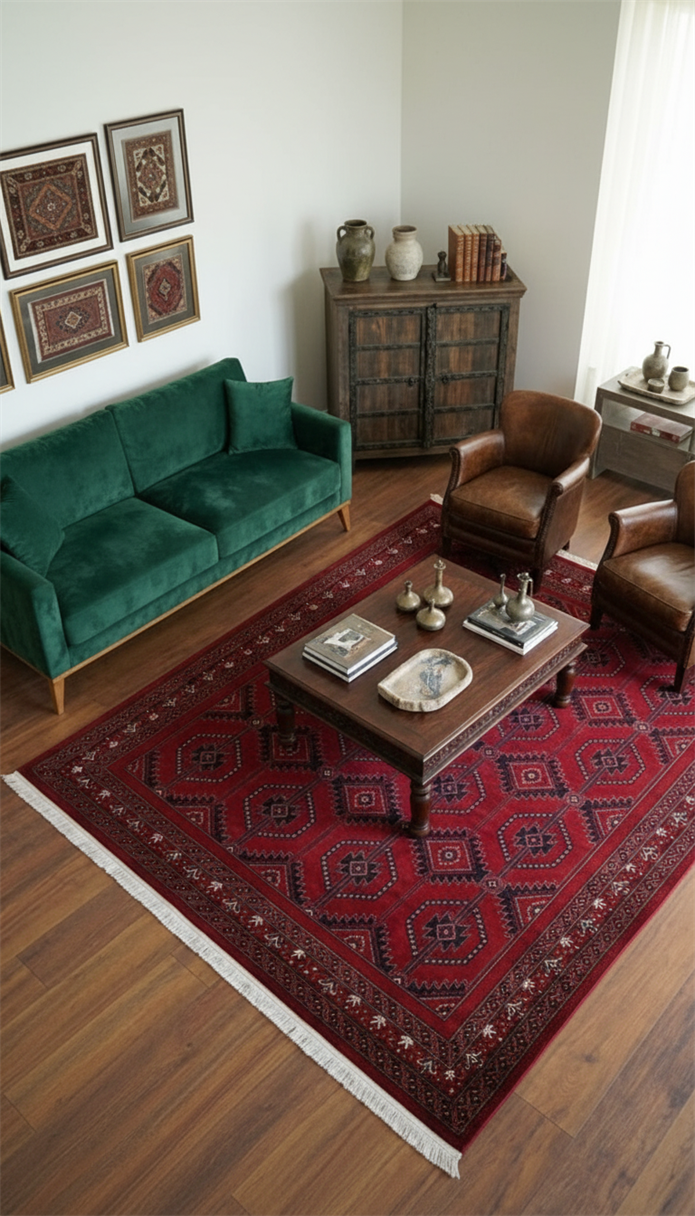 NAKIŞ Serisi Kırmızı Zeminli Geometrik Motifli Şık Salon Halısı | AF316 RED