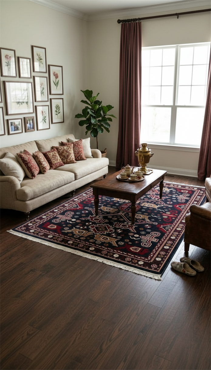 NAKIŞ Serisi Lacivert Kırmızı Etnik Motifli Şık Salon Halısı | AF314 NAVY