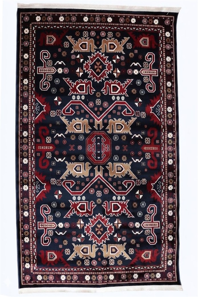 NAKIŞ Serisi Lacivert Kırmızı Etnik Motifli Şık Salon Halısı | AF314 NAVY