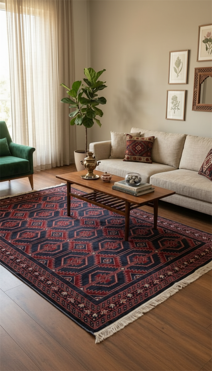 NAKIŞ Serisi Lacivert Kırmızı Geometrik Motifli Şık Salon Halısı | AF316 NAVY