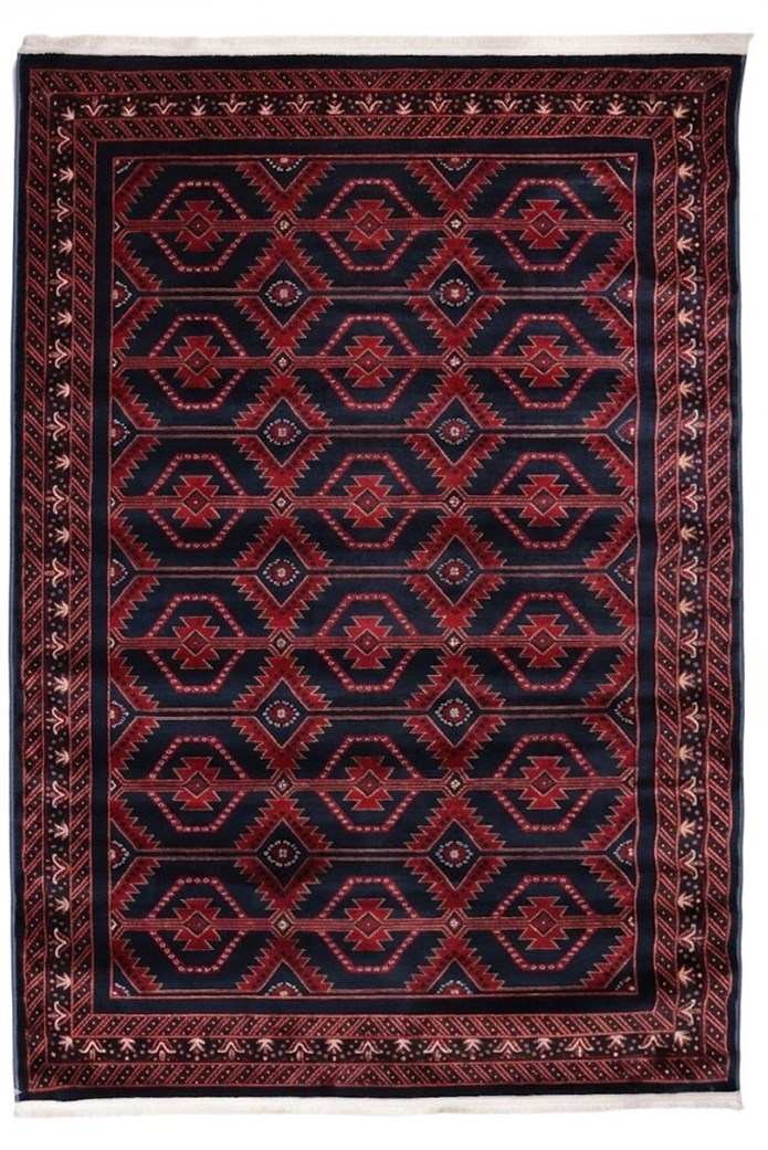 NAKIŞ Serisi Lacivert Kırmızı Geometrik Motifli Şık Salon Halısı | AF316 NAVY