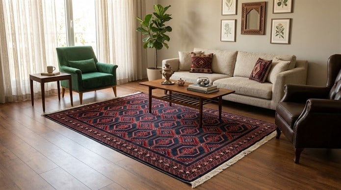 NAKIŞ Serisi Lacivert Kırmızı Geometrik Motifli Şık Salon Halısı | AF316 NAVY