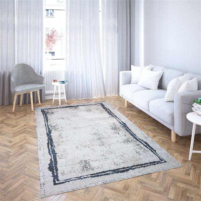 Nostalji Seri Çerçeveli Krem Lacivet Altı Kaymaz Makine Dokuma Halı | 13635