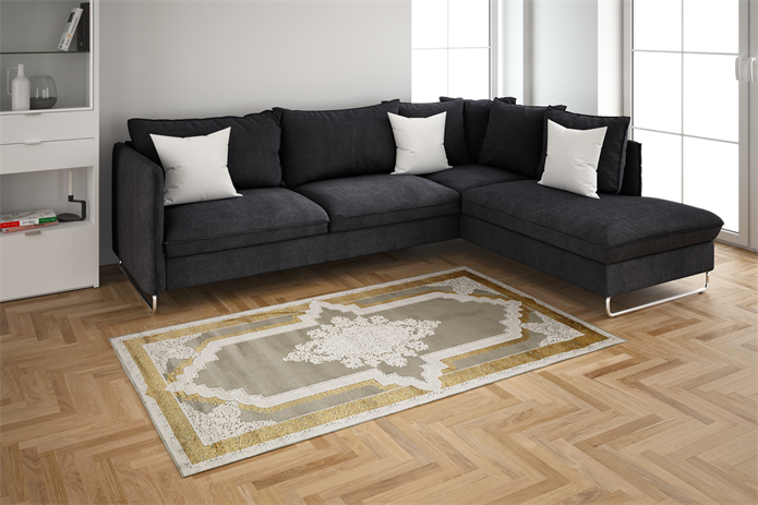 Nostalji Seri Gold Çerçeveli Klasik Motifli Altı Kaymaz Makine Dokuma Halı | 13417