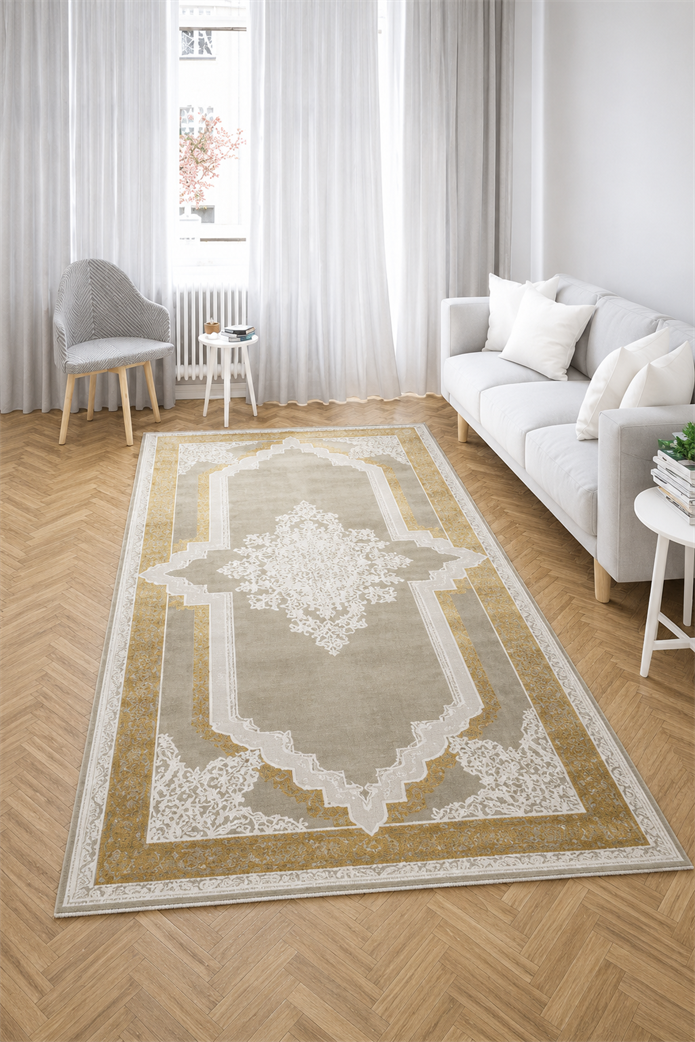 Nostalji Seri Gold Çerçeveli Klasik Motifli Altı Kaymaz Makine Dokuma Halı | 13417