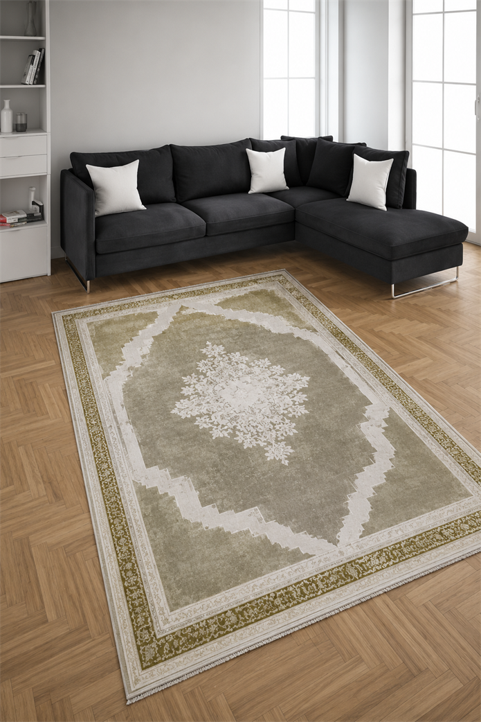 Nostalji Seri Gold Çerçeveli Klasik Motifli Altı Kaymaz Makine Dokuma Halı | 13417