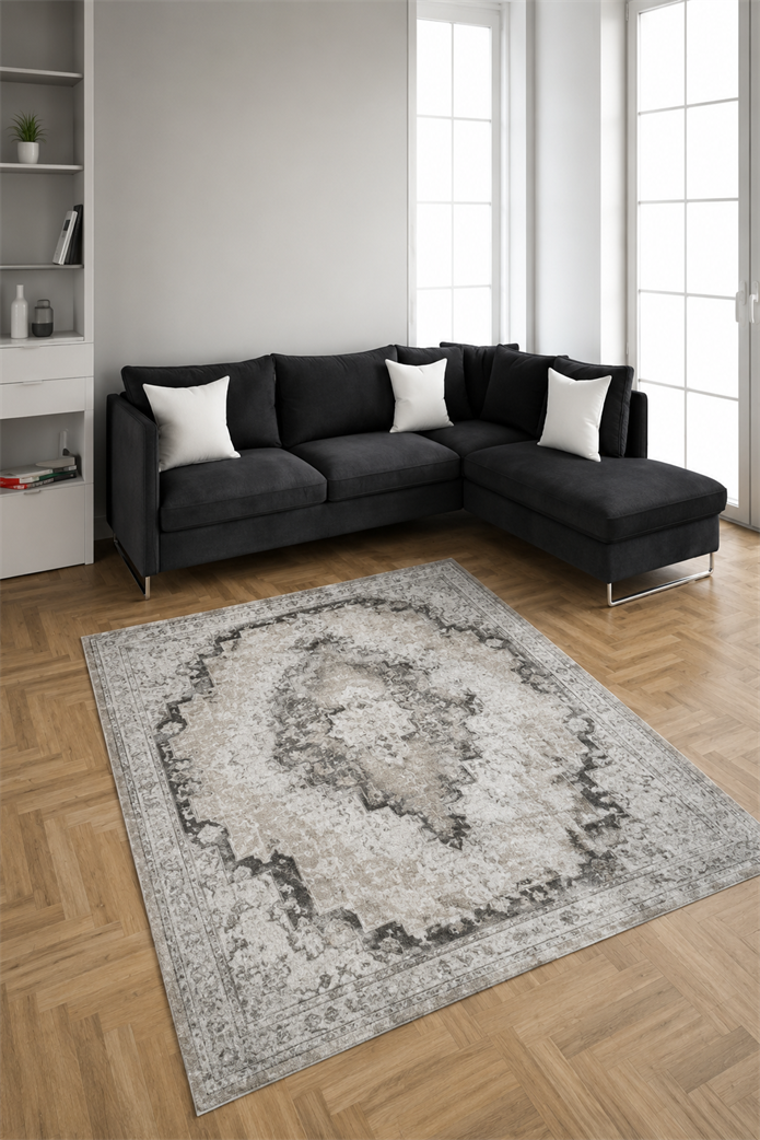 Nostalji Seri Gri Klasik Motifli Altı Kaymaz Makine Dokuma Halı | 13631