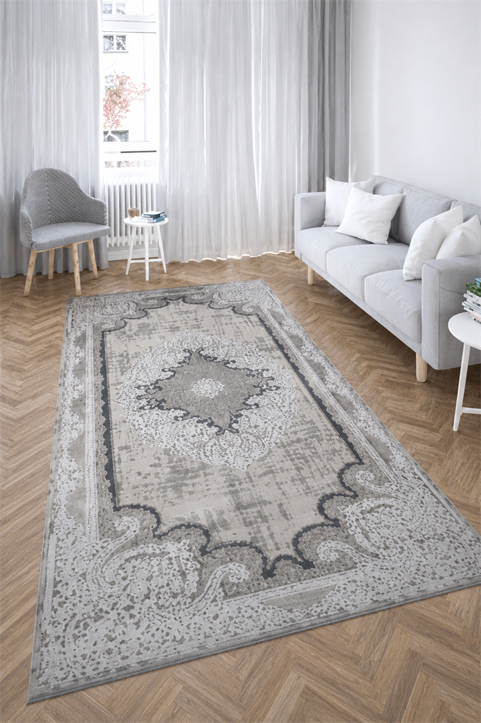 Nostalji Seri Gri Klasik Motifli Altı Kaymaz Makine Dokuma Halı | 13631