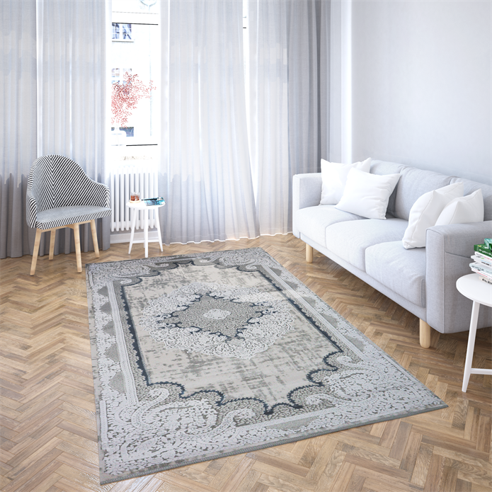 Nostalji Seri Gri Klasik Motifli Altı Kaymaz Makine Dokuma Halı | 13631