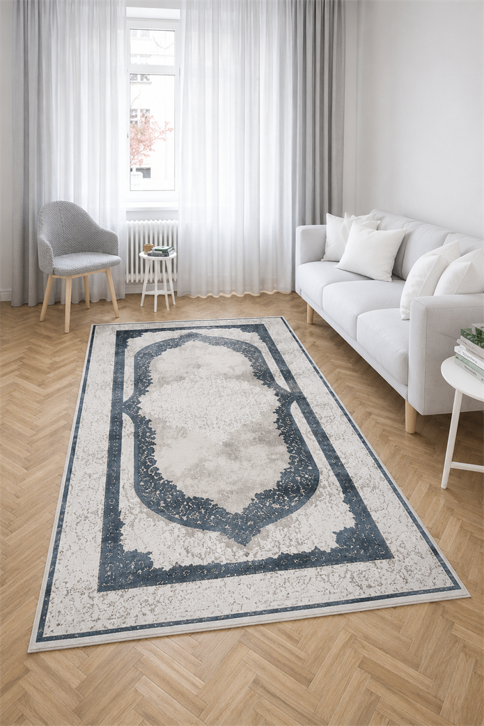 Nostalji Seri Lacivert Klasik Motifli Altı Kaymaz Makine Dokuma Halı | 13632