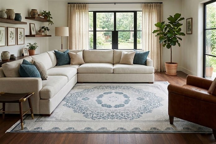 PARLA Serisi Klasik Göbekli Çerçeve Desenli Gri Mavi Halı | LZ193A