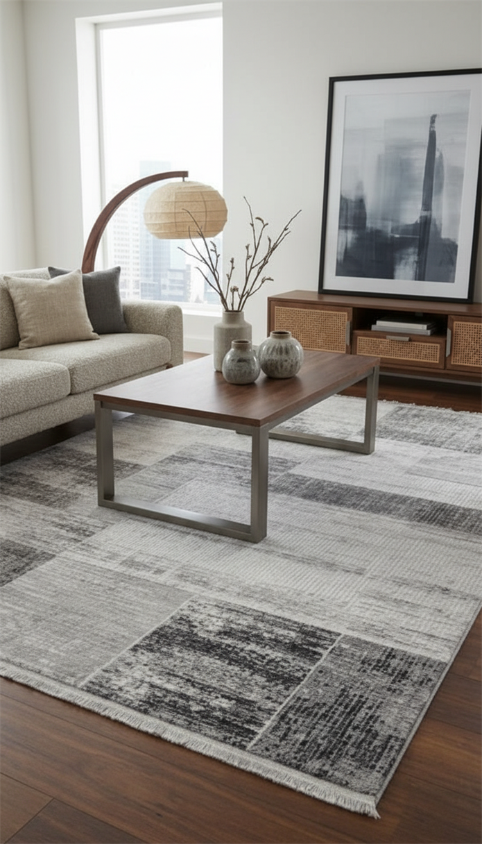 PARLA Serisi Modern Geometrik Desenli Gri Antrasit Halı | LZ312A