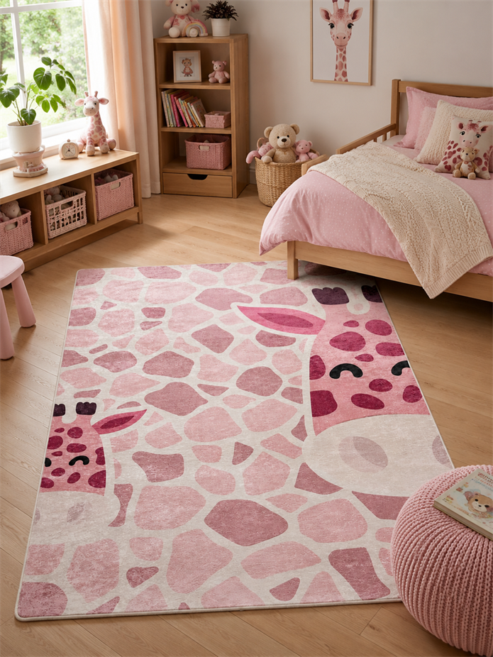 Pembe Zürafa Desenli Çocuk Odası Halısı-4000
