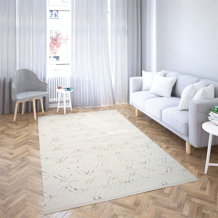 Sema Serisi Baklava Desen  Krem Yanar Dönerli Altı Kaymaz Makine Dokuma Halı-2000