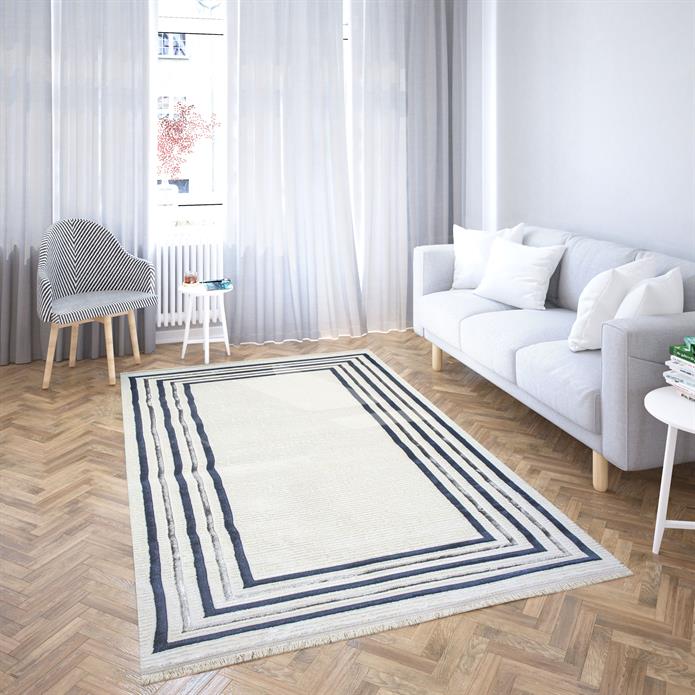 Sema Serisi Çerçeveli Krem Mavi Yanar Dönerli Altı Kaymaz Makine Dokuma Halı | 2017