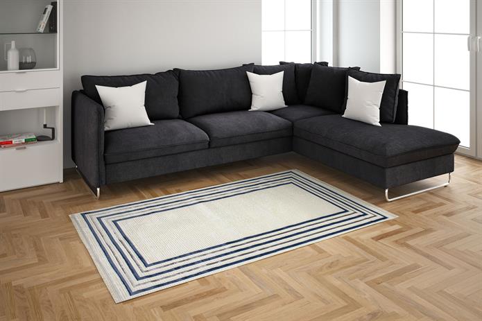 Sema Serisi Çerçeveli Krem Mavi Yanar Dönerli Altı Kaymaz Makine Dokuma Halı | 2017