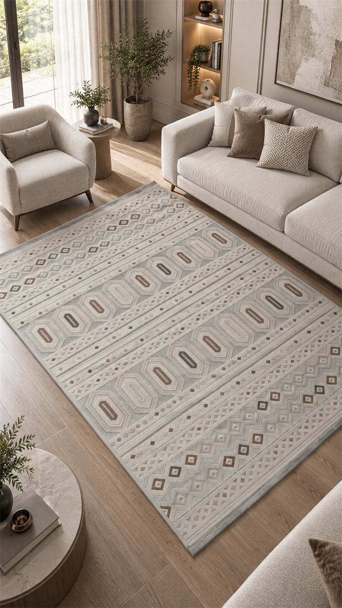 Silva Serisi Gri Vizon Etnik Geometrik Desenli Modern Halı | LT525A