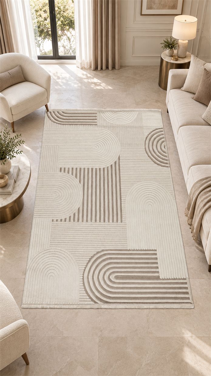 Silva Serisi Krem Vizon Oval Çizgili Modern Halı | LT528A